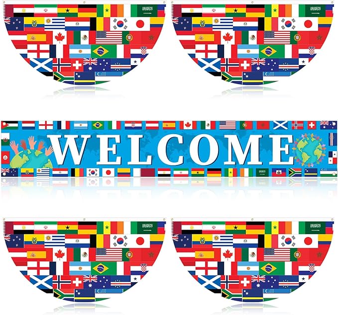 Chumia 5 Pcs International World Flag Decorations Include World Country Flag Outdoor Hanging Bunting Fan Banners Country Flags Fence Banner Sports Events Bar Sports Clubs Decoration