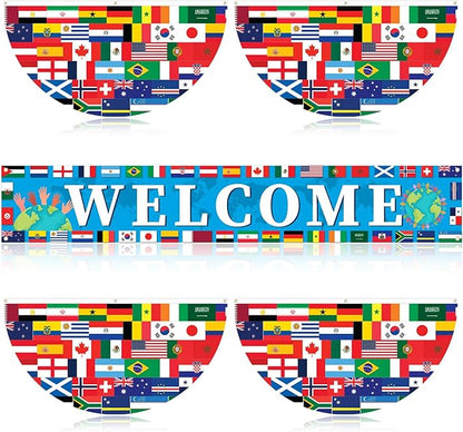 Chumia 5 Pcs International World Flag Decorations Include World Country Flag Outdoor Hanging Bunting Fan Banners Country Flags Fence Banner Sports Events Bar Sports Clubs Decoration