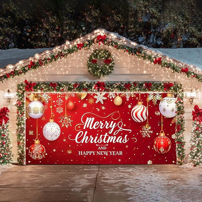 HOMETITUTE 13x6ft Christmas Garage Door Cover Merry Christmas and Happy New Year Backdrop Holiday Party Decorations Indoor Outdoor Wall Background Decor Festive Red Gold Ornament Scene Display