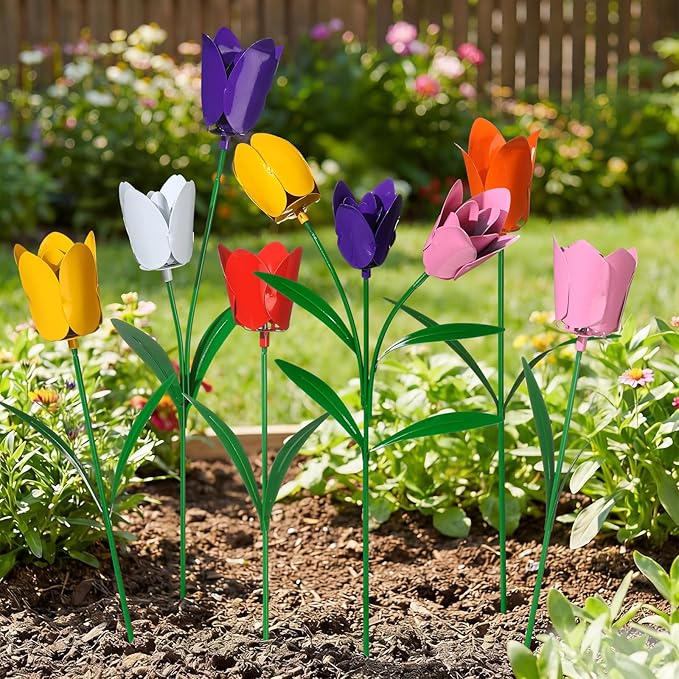 Yookeer Set of 6 Spring Metal Tulips Yard Signs with Stakes Metal Waterproof Spring Decor Garden Stakes for Garden Outdoor Lawn Yard Party Decoration