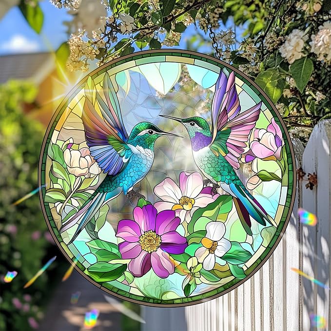 VAIIEYO Hummingbird Acrylic Sun Catcher Window Hanging Decoration, 7.8 Inch Double-Sided Light Reflecting Ornament for Window, Garden, Porch or Balcony Decor, Housewarming, Gift for Natural Lovers