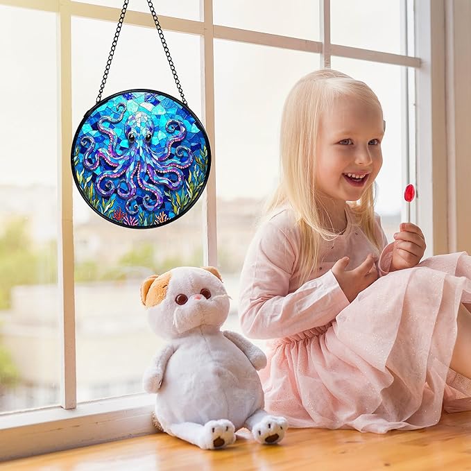 Ocean Beach Octopus Suncatchers Stained Glass Window Hanging, Octopus Decor Sun Catchers Indoor Window Glass Round Wall Decor, Coastal Beachy Wall Hanging Decorations, 7.9x7.9in