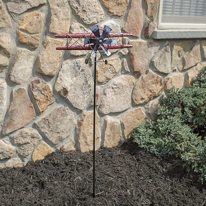 Treasure Gurus Biplane Garden Yard Art Metal Wind Weather Spinners Airplane Kinetic Sculptures Decor Stake Patio