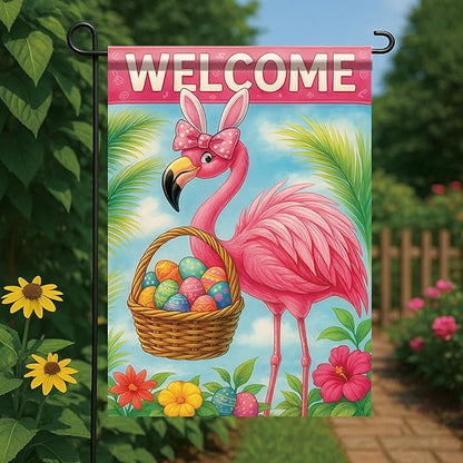 Spring Easter Garden Flag 12x18 Inch Flamingo Bunny Welcome Egg Basket Tropical Floral Design Outdoor Yard Porch Lawn Garden for Seasonal Farmhouse Home Decor