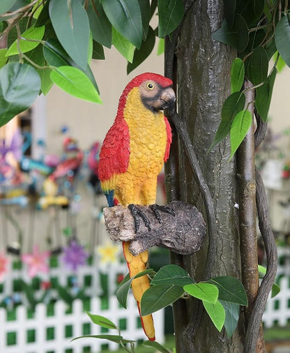 Tropical Parrot Statues Hanging Decor,13.6''(H) Wall Decor Parrot Sculpture for Home Porch Patio Door,Resin Scarlet Macaw Statue Outdoor Garden Yard Tree Art Ornaments
