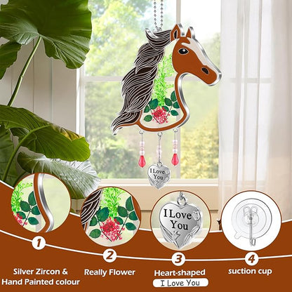 KY&BOSAM Horse Head Suncatcher Stained Glass Hand-Painted I Love You Suncatchers Ornament hangings Wind Chime with Pressed Flower Horse Embedded in Glass Window Mother`s Day Birthdays…