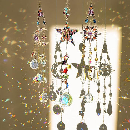 H&D HYALINE & DORA 3Pcs Sun Catchers with Crystals Glass Prisms Rhinestones Suncatcher Rainbow Maker Pendant Indoor Window Home Car Decor Gift(Star, Sun, Moon)
