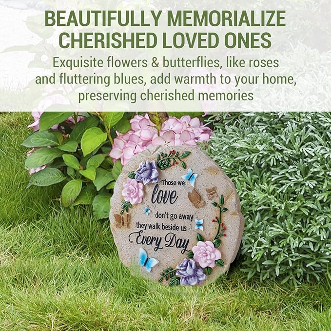 MyGift 9 Inch Resin Memorial Stepping Stone, Butterfly & Floral Sympathy Plaque, Bereavement Remembrance Gifts for Loss of Loved One, Outdoor Remembrance Stone