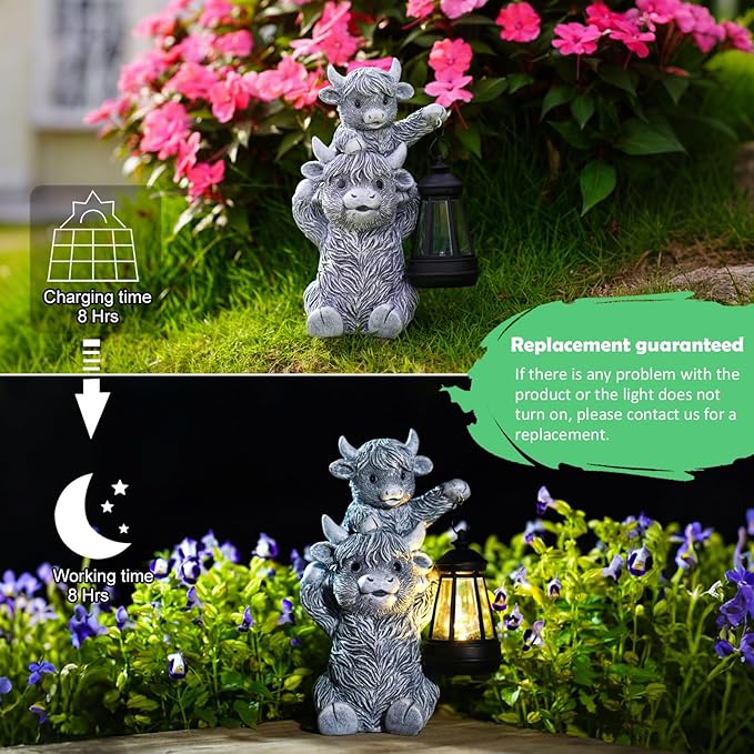 Solar Highland Cow Garden Decor - Resin Cow Statue with Solar Lantern Outdoor Yard Patio Decor - Ideal Gifts for Women,Mom Men (Grey)