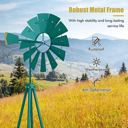 DREAMADE 8ft Steel Windmill, Farmhouse Windmill Decoration with Directional Vane, 4 Anchoring Stakes & Reinforced Base, Weather-Ready Garden Spinner for Backyard, Garden, Patios, Rural Areas (Green)