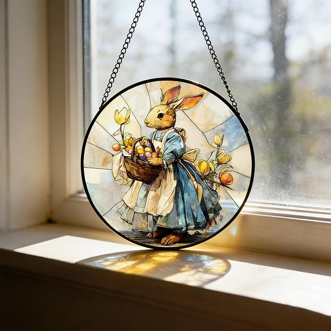 7.88'' Stained Glass Window Hanging, Colorful Egg Rabbit Sun Catchers Glass Panel Bunny Suncatcher Decor with Hook Chain for Mother's Day Birthday for Women, Men, Wife, Aunt, and Mom