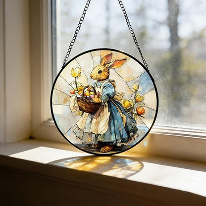 7.88'' Stained Glass Window Hanging, Colorful Egg Rabbit Sun Catchers Glass Panel Bunny Suncatcher Decor with Hook Chain for Mother's Day Birthday for Women, Men, Wife, Aunt, and Mom
