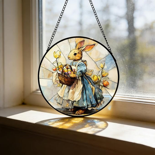7.88'' Stained Glass Window Hanging, Colorful Egg Rabbit Sun Catchers Glass Panel Bunny Suncatcher Decor with Hook Chain for Mother's Day Birthday for Women, Men, Wife, Aunt, and Mom