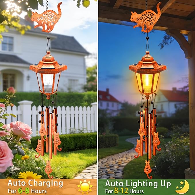 Cat Solar Wind Chimes for Outside, Birthday Gifts for Mom Women Grandma Mother's Day Memorial, 34-Inch Windchimes with Wind Spinner, Outdoor Hanging Solar Lights Waterproof Garden Decor Yard, 2 Pack