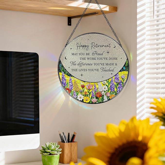 8” Stained Glass Suncatcher Ornament – Floral Retirement Window Hanging Decorations, Retirement Gifts & Retired Gifts for Women, Men, Friends, Coworkers, Teachers - Style E