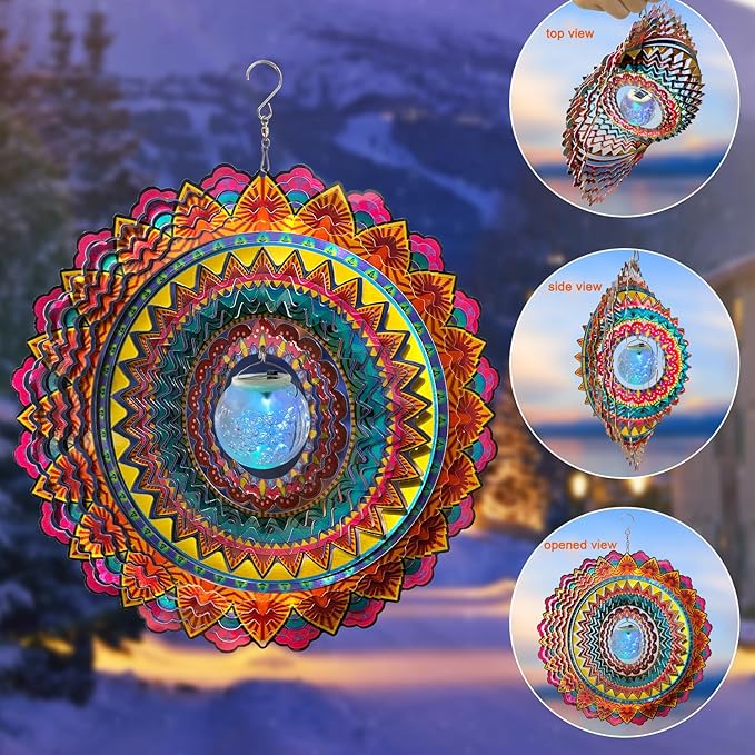 FONMY Solar Wind Spinner Mandala Flame 3D Stainless Steel Hanging Wind Spinners Worth Gift Christmas Decoration Indoor/Outdoor Garden Décor Kinetic Yard Art 12 Inches Multi Red Wind Sculpture