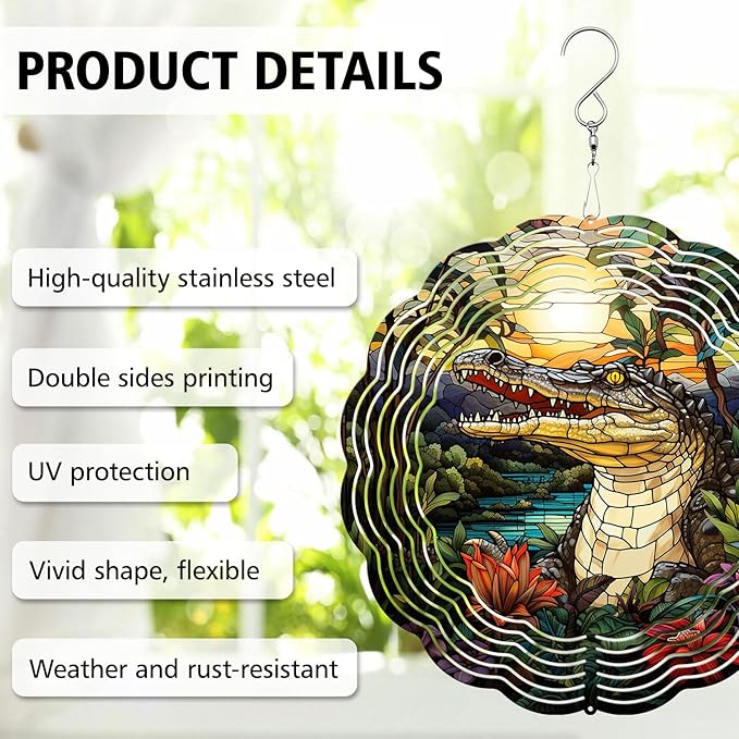 Crocodile Wind Spinner, Crocodile Stained Glass Wind Spinner, Wind Sculpture Crocodile Wind Spinners for Garden Patio Yard Decor