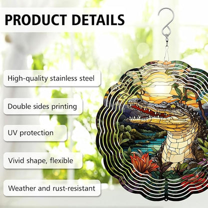 Crocodile Wind Spinner, Crocodile Stained Glass Wind Spinner, Wind Sculpture Crocodile Wind Spinners for Garden Patio Yard Decor