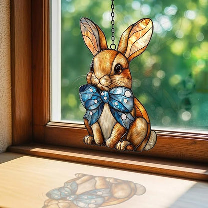 Warm Mosaic Bunny Art Acrylic Suncatcher Stained Glass Effect Window Car Hanging Christmas Ornament Indoor Outdoor Decor Garden Sun Catcher Panel for Easter Lover for Women Mom Grandma