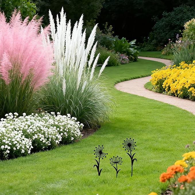 GLOBLELAND 3pcs Dandelion Mental Garden Stakes Black Silhouette Flower Decorative Yard Stakes Spring Trees Metal Outdoor Art Decor for Yard Patio Lawn Walkway Ornament