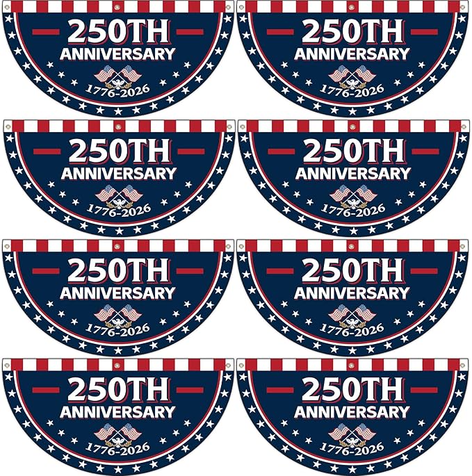 8Pcs 1.5x3 Ft 250th Anniversary USA Flag Bunting 1776-2026 Birthday Fan Flag Decoration Patriotic Stars 250 Years Anniversary Yard Signs for 4th of July Memorial Day Indoor Outdoor Porch Hanging Decor