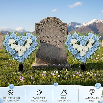 Frienda 2 Sets Cemetery Flowers Grave Stake Metal Floral Decor for Tombstone, Outdoor Gravesite Markers for Mom Dad, Memorial Day Spring Easter Grave Decor(Heart,Blue,White)