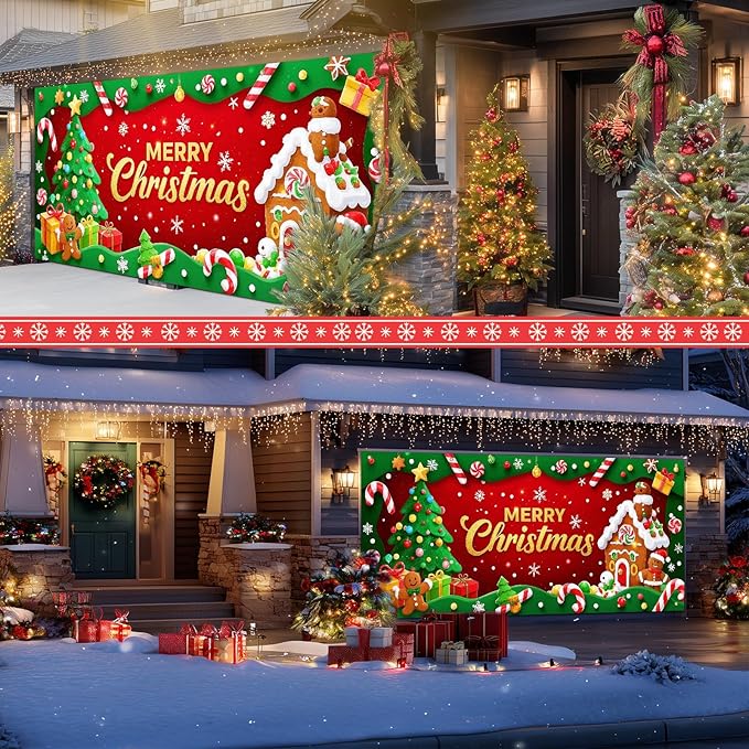 IVN Candy Cane Gingerbread Christmas Scene Garage door banner Door Cover Indoor And Outdoor Studio Background Hanging Decoration 13x6ft