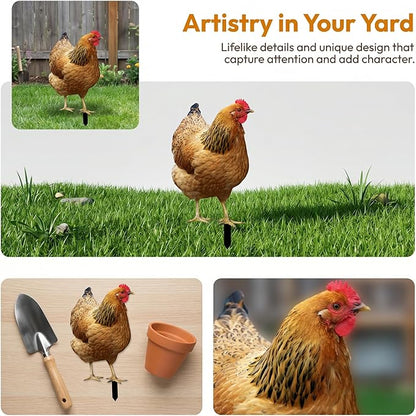 Hen Statue Garden Stake Animal Sculpture Lifelike Lawn Sign Metal Realistic Yard Art Chicken Figurine Ground Insert for Floor, 31.5x17.4x0.1cm
