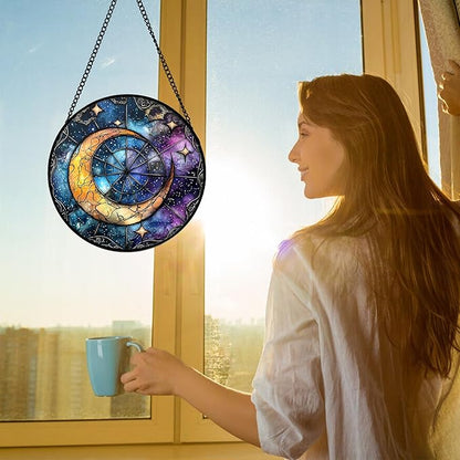 DASTOLL Stained Glass Window Hanging, Blue Starry Sky Moon Astrolabe Suncatcher for Doors Home Sun Catchers Decoration and Christmas, Mother's Day Birthday Gifts for Women, Men, and Mom 6.3 in