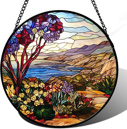 Stained Glass Window Hanging Retro Wildflowers Lake Mountain Scenery Large 11.8" - Suncatcher Door Garden Sun Catcher Home Decor Birthday Christmas for Mom Men Woman Friend