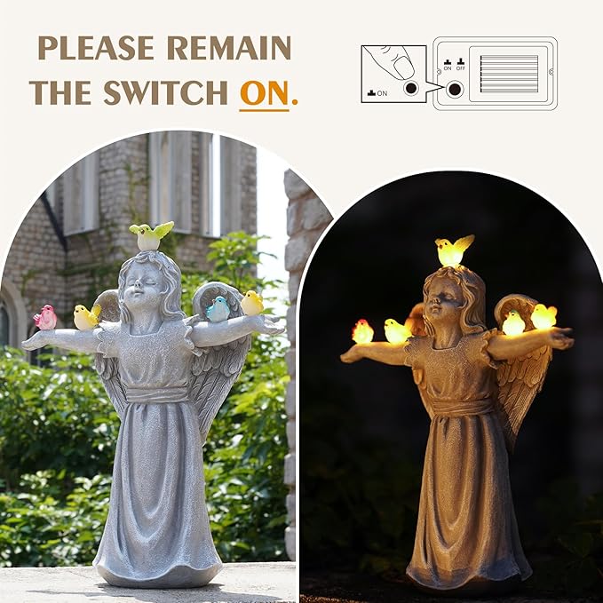 Angel Garden Statue with 5 Birds Solar Lights, Resin Cherub Figurine Outdoor Decor for Garden Porch Yard, Gift for Women Mothers Day Birthday Housewarming