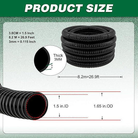 Kinkproof 1.5" Flexible PVC Pond Tubing, 26.9 Ft Length, Corrugated Hose for Connecting Pond Components, Waterfalls, Filters & More, Black