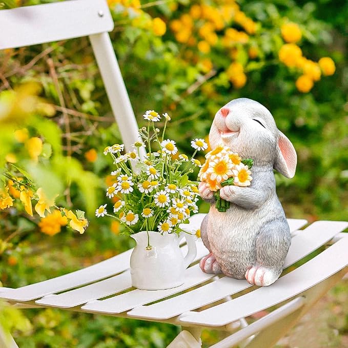 Solar Rabbit Garden Statues Outdoor Easter Bunny Decor Resin Rabbit Figurine Holding Sunflower with LED Lights for Proch Patio Lawn Yard Christmas Birthday Gardening Gifts for Mom Women