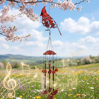 Cardinal Wind Chimes for Outside 34'' 3D Red Bird Metal Wind Chimes Hanging Decoration Cardinal Gifts Women Grandma Mom Memorial Red Bird Decor for Outdoor Garden Yard Patio Backyard