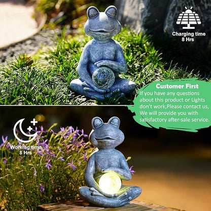 Meditating Yoga Frog Statue with Solar LED Light Ball - 6.8L x 9.65H Zen Garden Figurines for Home and Garden Decor, Frog Decorations Gift Ideas, Gifts for Women Mom