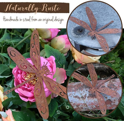 2 Pack Rusty Dragonfly Garden Decor, Metal Dragonfly Outdoor Yard Decor, Colorable Dragonflies Outdoor Statues Ornaments - Garden Sculptures and Yard Art, Fence Decorations Outdoor