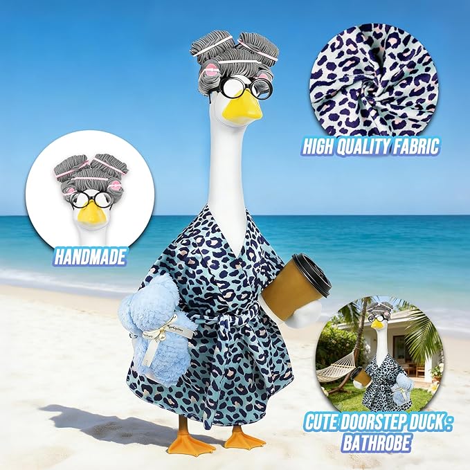 Lady Porch Goose Outfits,Bathrobe Porch Goose Statue Costume with Curlers Reading Glasses Coffee Cup Towel,Cute Goose Clothes for 23-Inch Cement Statue,Lawn Yard Garden Patio Decor（Leopard Print 02）