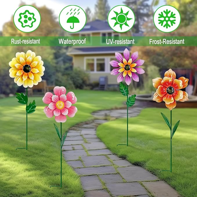 Wind Spinners Garden Decor,4 Pack Colorful Flower Garden Stakes for Outdoor Decorations,Metal Wind Spinner Yard Stake for Patio,Lawn