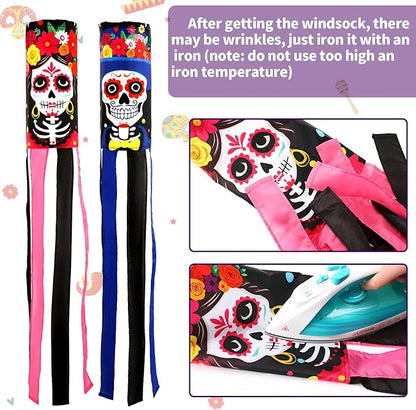 NOVWANG 2 Pcs Day of The Dead Windsocks, Dia de Los Muertos Wind Socks Day of The Dead Hanging Windsock Flag Decoration for Garden Yard Porch Backyard Patio Decor