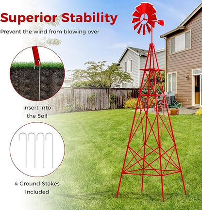 Tangkula 8.3FT Windmill Yard Garden Metal Ornamental Wind Mill Weather Vane Weather Resistant (Red)