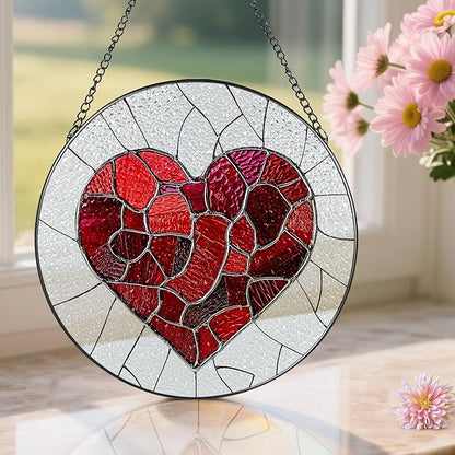 Stained Glass Window Hanging - 8 in Heart Suncatcher - Romantic Decor Love Gift - Gifts for Valentine's Day, Mother's Day, Christmas, Anniversary, Birthday - Gifts for Girlfriend, Couple, Wife, Her