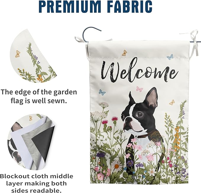 Spring Summer Garden Flag Floral Boston Terrier Yard Flag Flower Dog Garden Flags for Outside Small Outdoor Welcome Flags 12x18 Double Sided