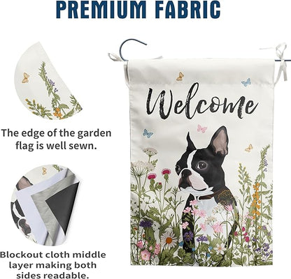 Spring Summer Garden Flag Floral Boston Terrier Yard Flag Flower Dog Garden Flags for Outside Small Outdoor Welcome Flags 12x18 Double Sided