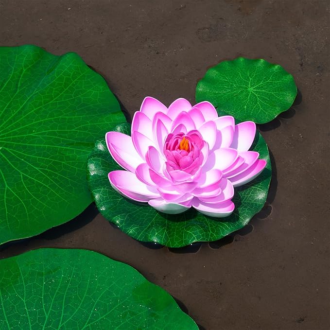 Fake Lily Pads, 10 PCS Artificial Lotus with Water Lily Pad, Realistic Water Floating Foam Lotuses Pads, Pink Artificial Floating Lotus Decor with Pad for Home Outdoor Ponds