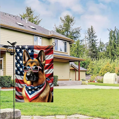 Patriotic 4th of July Garden Flag German Shepherd Dog American Flag Glasses 12x18 Inch Double Sided Seasonal Summer Yard Flag Outdoor Decoration for Porch Lawn Patio Independence Day
