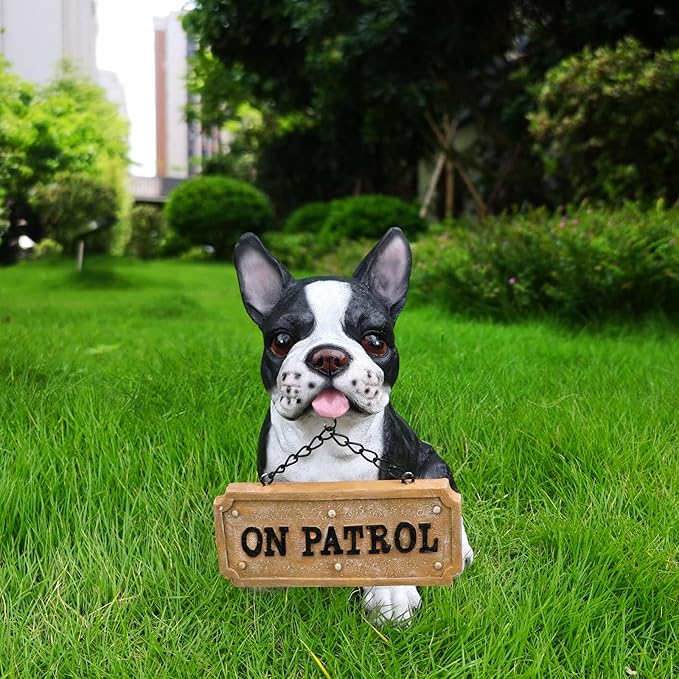 Adorable Black & White French Bulldog Sculpture with Solar Lantern & Double-Sided 'On Patrol' and 'Welcome' Signposts – Fun Outdoor Resin Statue for Garden, Yard, and Patio Décor