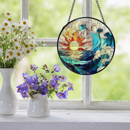 Sun Coastal Ocean Suncatcher Stained Glass Window Hanging, Ocean Waves Sunshine Sun Catchers Indoor Window Glass Wall Art Decor, Nautical Beach Wall Hanging Decor, 7.9x7.9 Inch 039-MH-BLGH