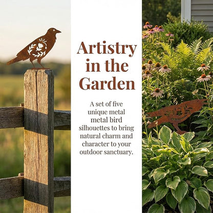 AIM & GGKK Rusty Metal Birds Yard Decor, Set of 5 Metal Bird Silhouette Statues for Garden Fence Yard Art, Rustic Outdoor Garden Sculptures Decorations