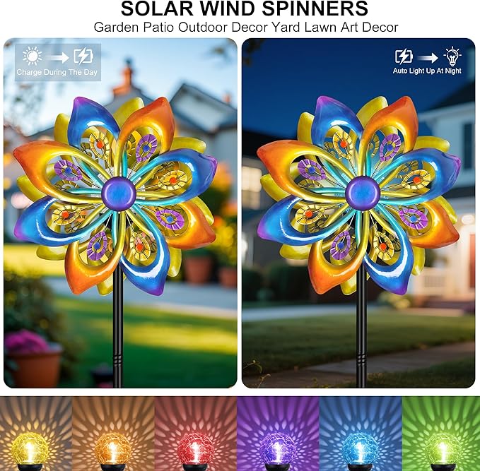 Solar Wind Spinners Outdoor - H60xW13 Metal Yard Art Kinetic Wind Spinners with Colorful LED Crackle Ball, Peacock-Style Windmill for Yard Lawn Garden Decor, Gardening Gifts for Women