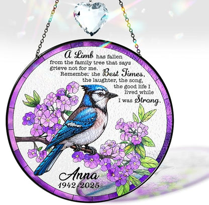 Personalized Bird Memorial Stained Glass Suncatcher, Sympathy Gift for Loss of Loved One, in Loving Memory Crystal Window Suncatcher, Remembrance Gift for Mom, Dad, Family, Memorial Keepsake Decor